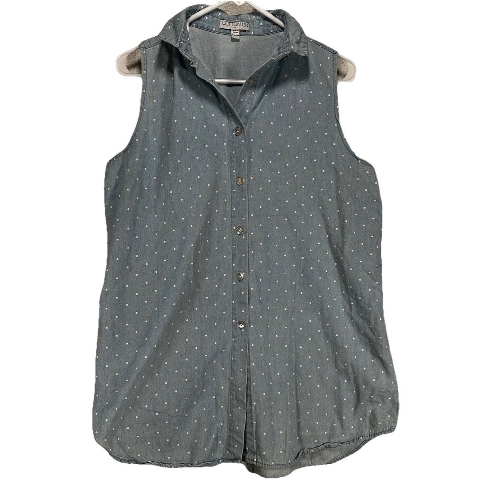 Cotton On Blue White Polka Dot Cotton Sleeveless Button Top Chambray Tank Small